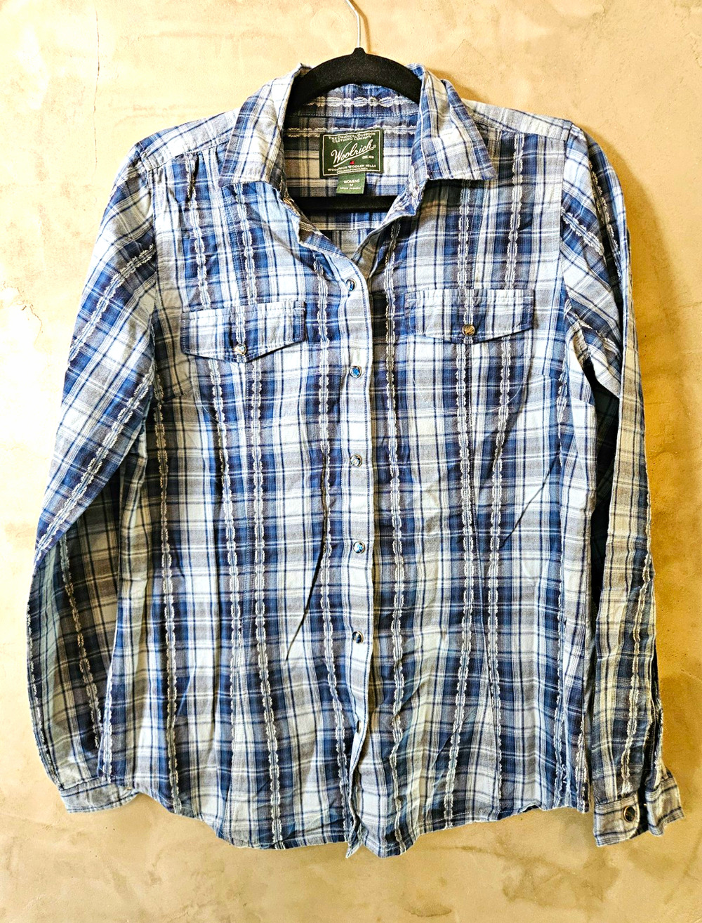 Woolrich Size M Blue White Plaid Cotton Collared Long Sleeve Pretty Button Shirt
